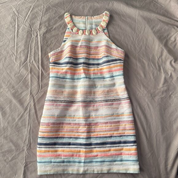 TRINA TURK MultiColor Aptos Jacquard Striped Beaded Neck Mini Dress Size 4 - Picture 2 of 8